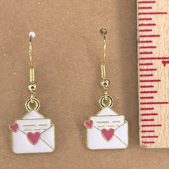 Valentine Mail Envelope Dangle Earrings 18k Gold Plated Hook - Picture 2 of 2